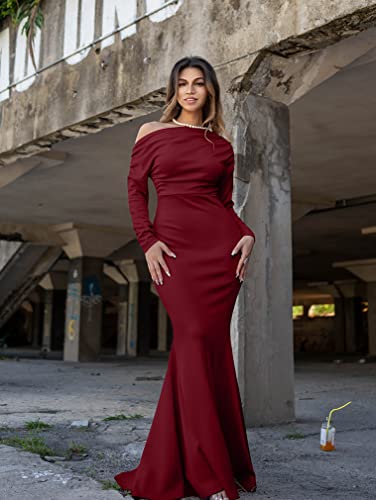 YMDUCH Women's Sexy Elegant Long Sleeve Off Shoulder Bodycon Long Evening Formal Dress WineRed - Image 5