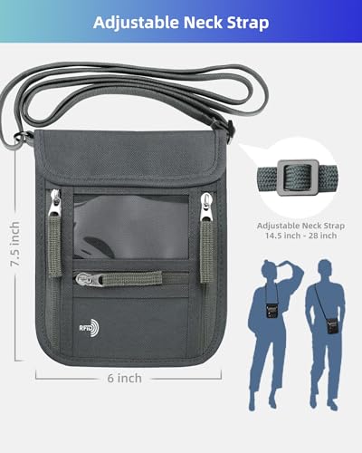 WALNEW Passport Holder Neck Pouch Travel Wallet for Women and Men, RFID Blocking Security Slim Traveling Wallet with Around Neck Lanyard Strap, Gray - Image 2
