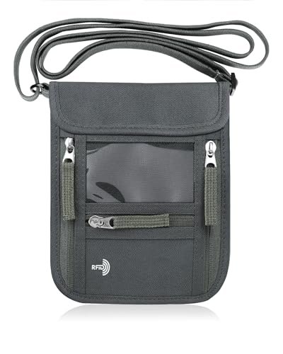 WALNEW Passport Holder Neck Pouch Travel Wallet for Women and Men, RFID Blocking Security Slim Traveling Wallet with Around Neck Lanyard Strap, Gray - Image 1