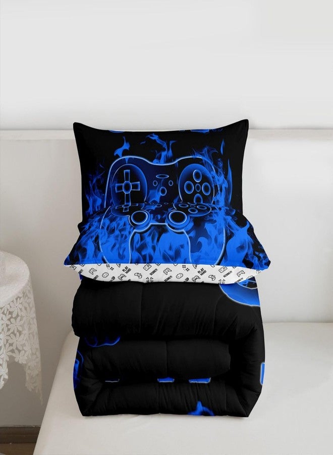 Feelyou Gaming Bedding Set for Kids Boys Girls Gamer Comforter Set Queen Size Blue Smokey Game Console Controller Duvet Quilt Bedroom Decor Breathable Soft Lightweight Microfiber Game Room Decor 3Pcs - Image 4