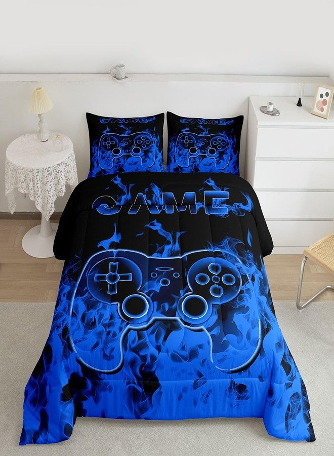 Feelyou Gaming Bedding Set for Kids Boys Girls Gamer Comforter Set Queen Size Blue Smokey Game Console Controller Duvet Quilt Bedroom Decor Breathable Soft Lightweight Microfiber Game Room Decor 3Pcs - Image 2