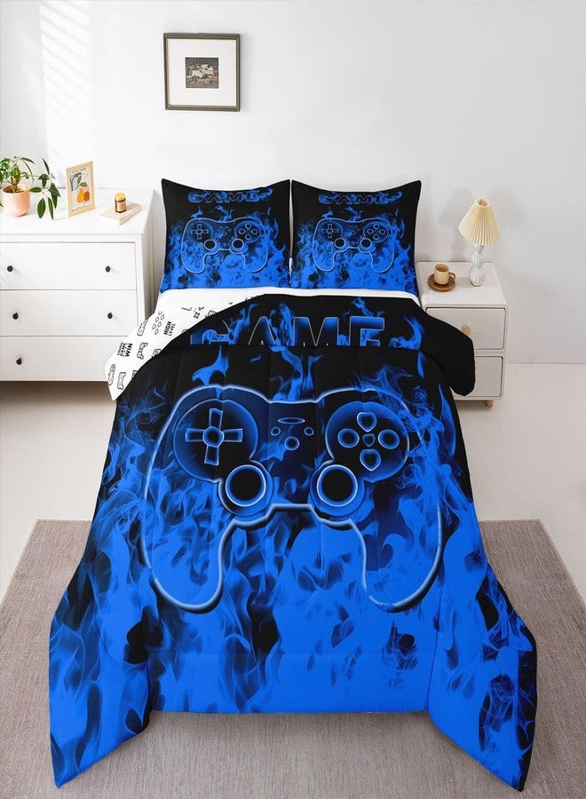 Feelyou Gaming Bedding Set for Kids Boys Girls Gamer Comforter Set Queen Size Blue Smokey Game Console Controller Duvet Quilt Bedroom Decor Breathable Soft Lightweight Microfiber Game Room Decor 3Pcs - Image 1