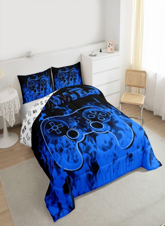 Feelyou Gaming Bedding Set for Kids Boys Girls Gamer Comforter Set Queen Size Blue Smokey Game Console Controller Duvet Quilt Bedroom Decor Breathable Soft Lightweight Microfiber Game Room Decor 3Pcs - Image 3