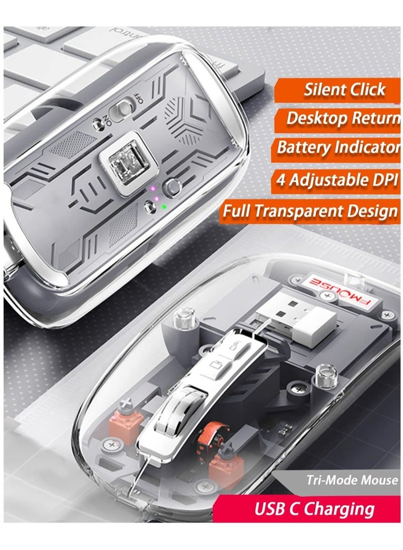 كابتن تيك ماوس بلوتوث لاسلكي، ثلاثي الوضع (BT1+BT2+2.4G) ماوس كمبيوتر USB C قابل لإعادة الشحن، ماوس صامت محمول شفاف بالكامل مع جهاز استقبال USB للكمبيوتر المحمول (رمادي) - Image 5