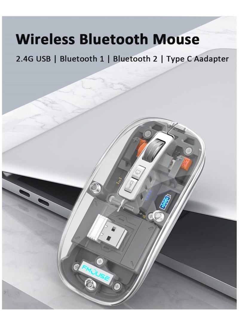 كابتن تيك ماوس بلوتوث لاسلكي، ثلاثي الوضع (BT1+BT2+2.4G) ماوس كمبيوتر USB C قابل لإعادة الشحن، ماوس صامت محمول شفاف بالكامل مع جهاز استقبال USB للكمبيوتر المحمول (رمادي) - Image 3