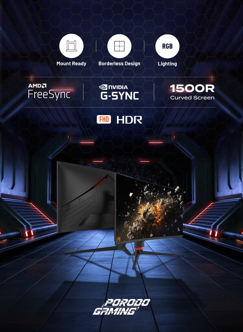 بورودو شاشة ألعاب منحنية مقاس 27 بوصة مع معدل تحديث 280 هرتز، شاشة FHD بدون حواف / زاوية عرض 178 درجة / دعم NVidia G-Sync وAMD FreeSync / إضاءة RGB / منافذ HDMI والعرض / حل MT9800 - أسود - Image 2