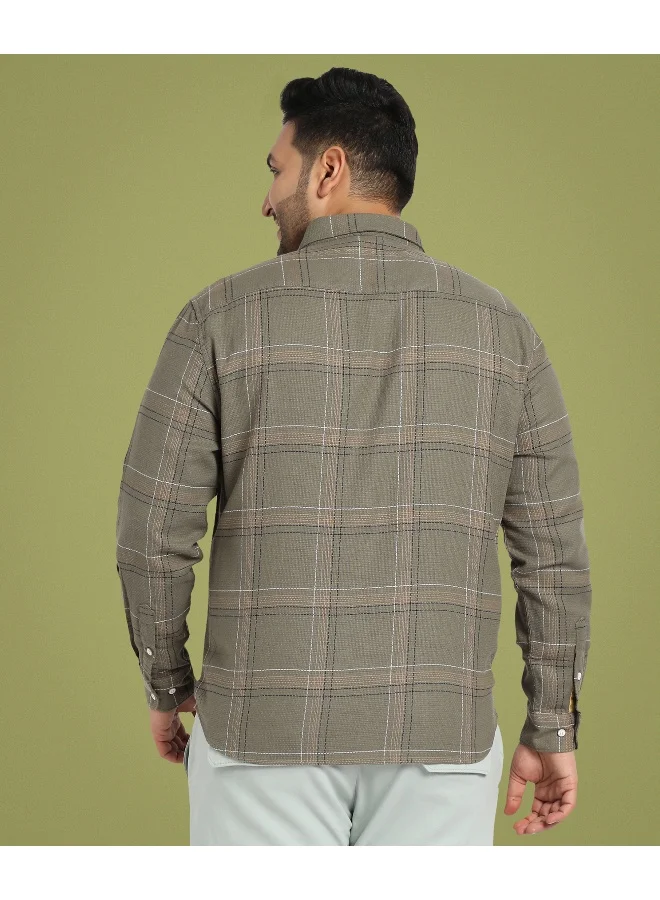 انستافاب بلس قميص منقوش طويل من قماش الترتان باللون الأخضر الزيتوني للرجال