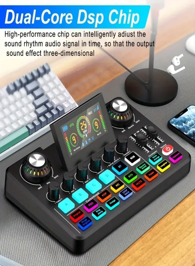 F998 Professional DJ Audio Mixer with Built-in Sound Card, Dual-Core DSP Chip, 3000mAh Battery, Voice Changer  Display Screen – Perfect for Live Streaming, Podcasting, Recording, and Gaming - Image 5