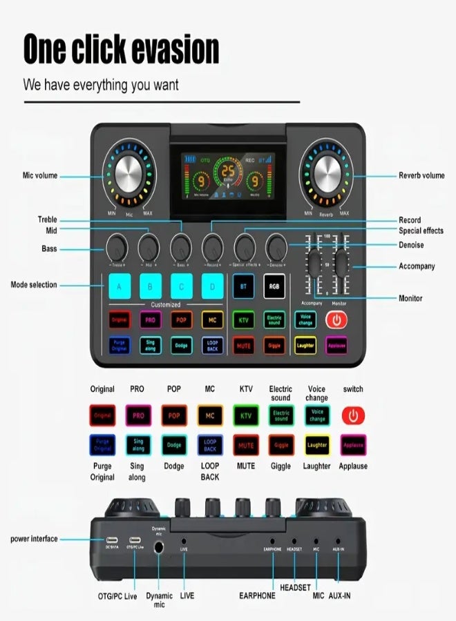 F998 Professional DJ Audio Mixer with Built-in Sound Card, Dual-Core DSP Chip, 3000mAh Battery, Voice Changer  Display Screen – Perfect for Live Streaming, Podcasting, Recording, and Gaming - Image 4