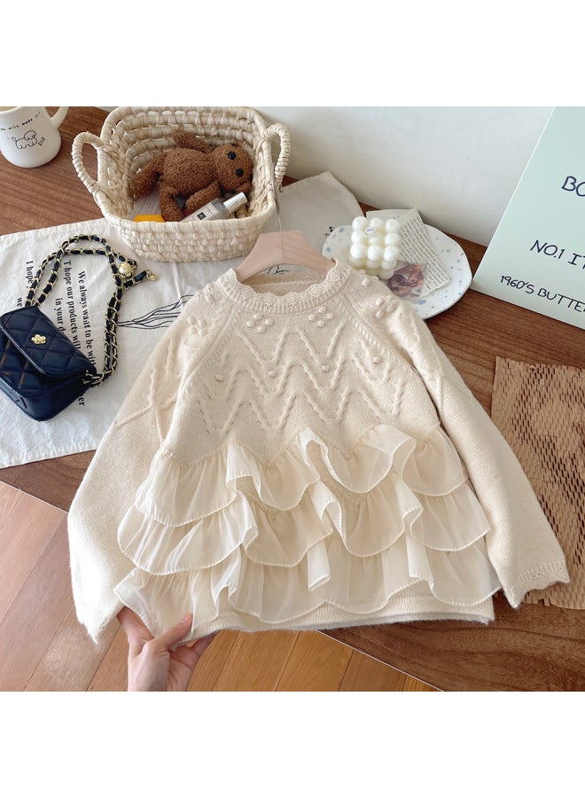 Girl's Princess Lace Trimmed Sweater Autumn Winter New Fashion Knitted Top Children's Pullover