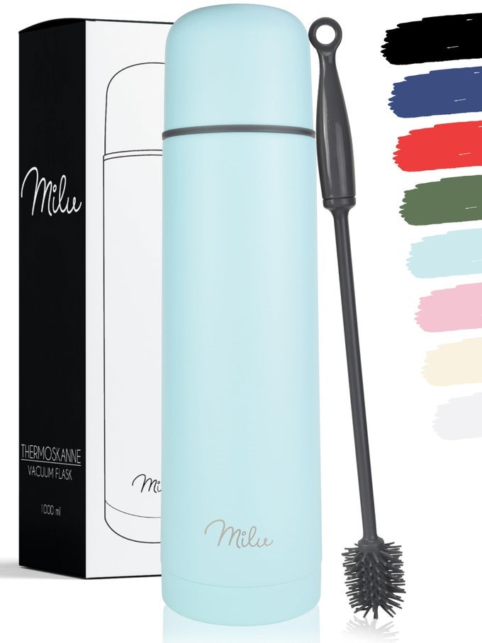 VACUUM INSULATED FLASK 1L 750ML 500ML THERMO WATER DRINKING BOTTLE WITH CUP FOR HOT COLD DRINK STAINLESS STEEL 100 LEAKPROOF BABY BLUE 1000 ML