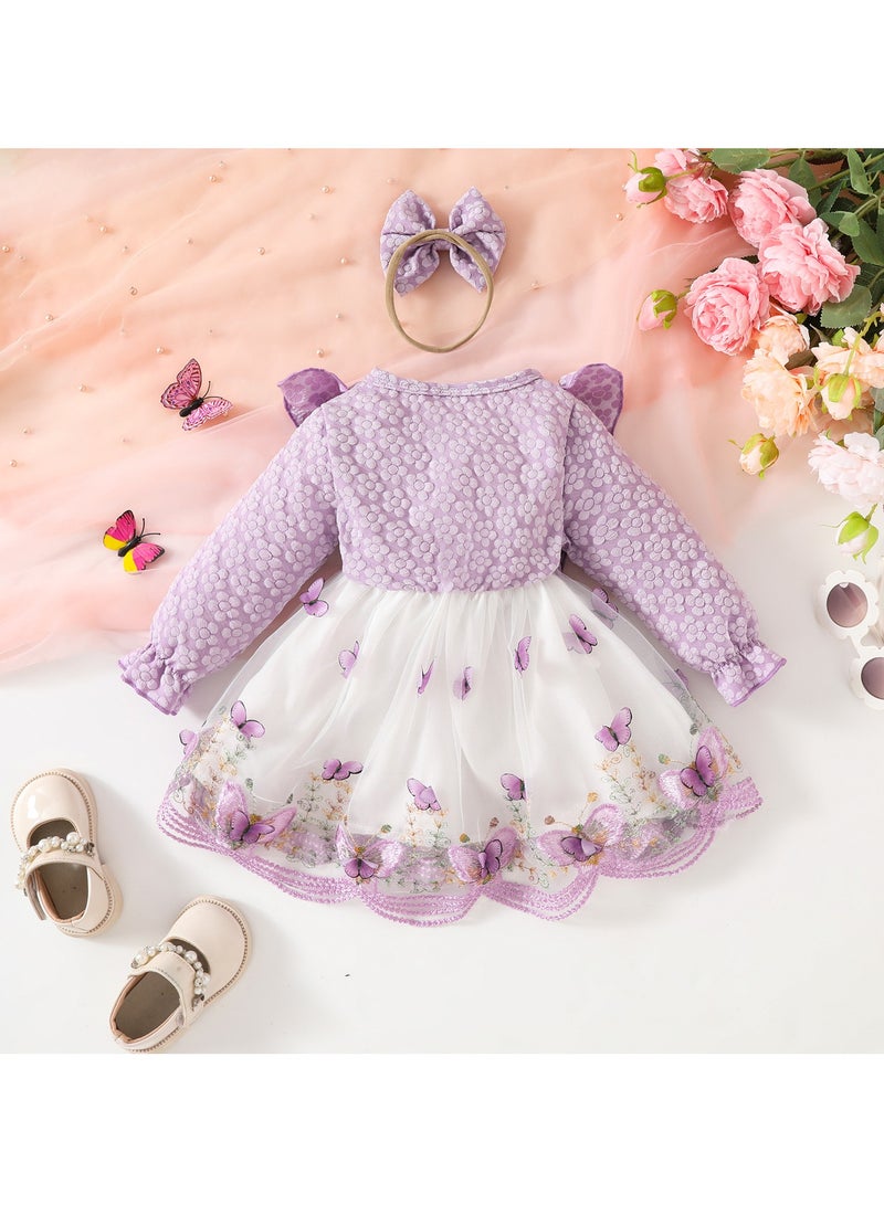 Baby Girl Birthday Party Dress, 18-24M, Purple Elegant Floral Tulle Dress with Butterfly Bow, Special Occasion Toddler Outfit, Long Sleeve Princess Dress - Image 2