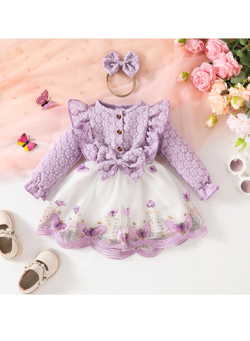 Baby Girl Birthday Party Dress, 18-24M, Purple Elegant Floral Tulle Dress with Butterfly Bow, Special Occasion Toddler Outfit, Long Sleeve Princess Dress - Image 1
