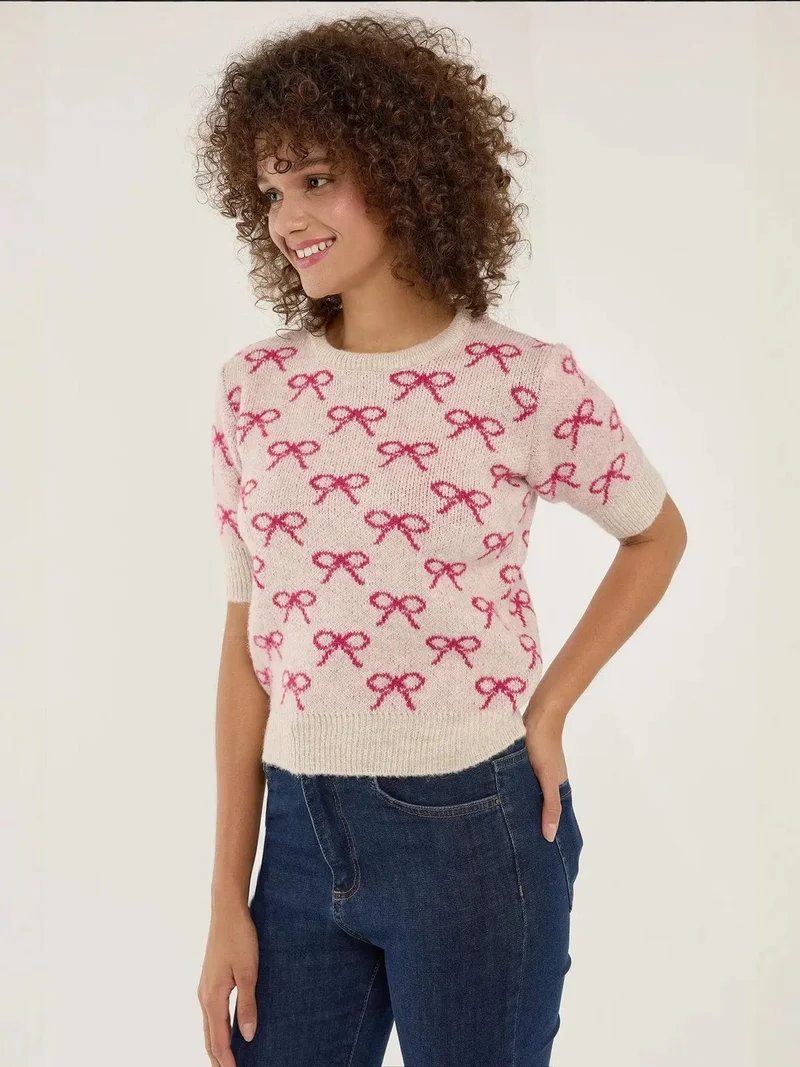 Hiccup Neon Pink Bow Patterned Short Sleeve Sweater for Women | Best Price UAE