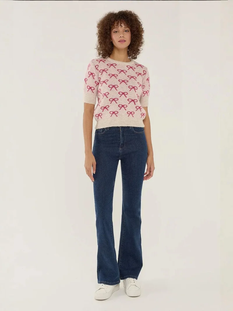 Hiccup Neon Pink Bow Patterned Short Sleeve Sweater for Women | Best Price UAE