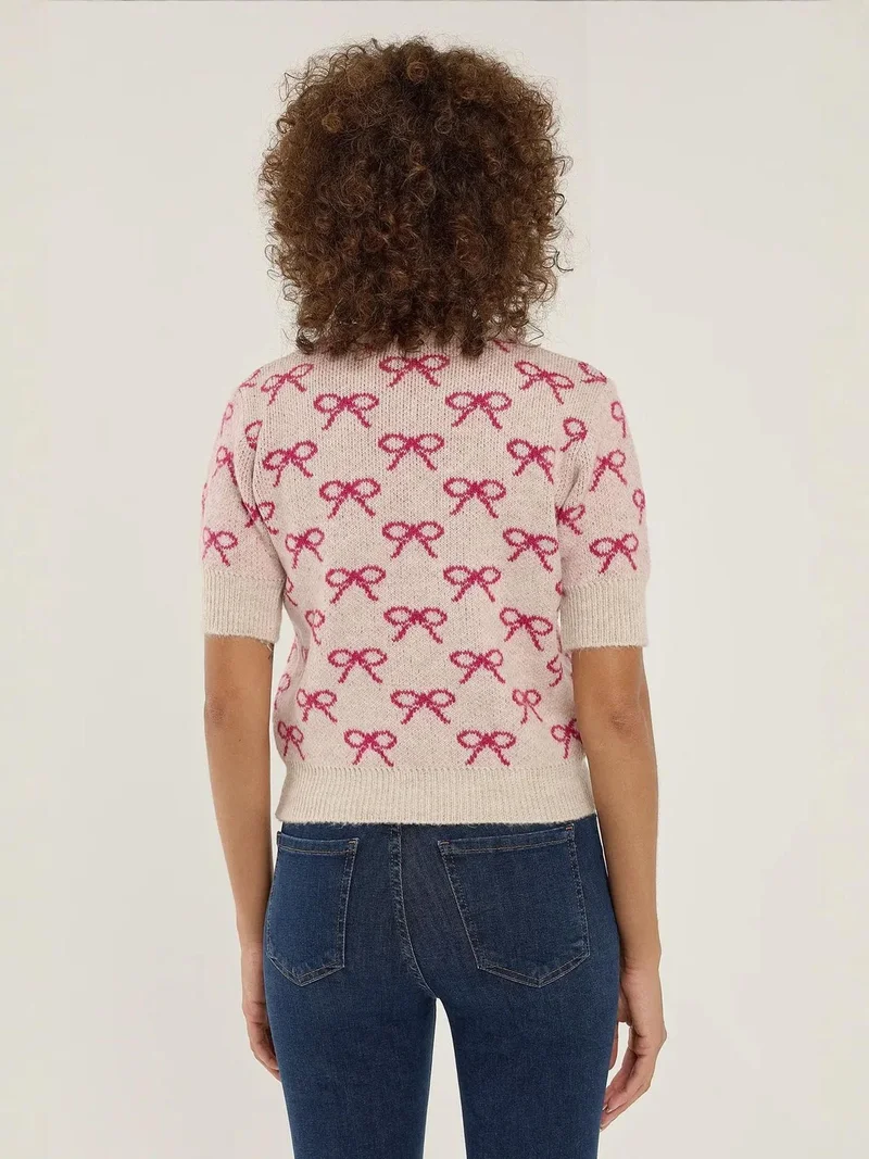 Hiccup Neon Pink Bow Patterned Short Sleeve Sweater for Women | Best Price UAE