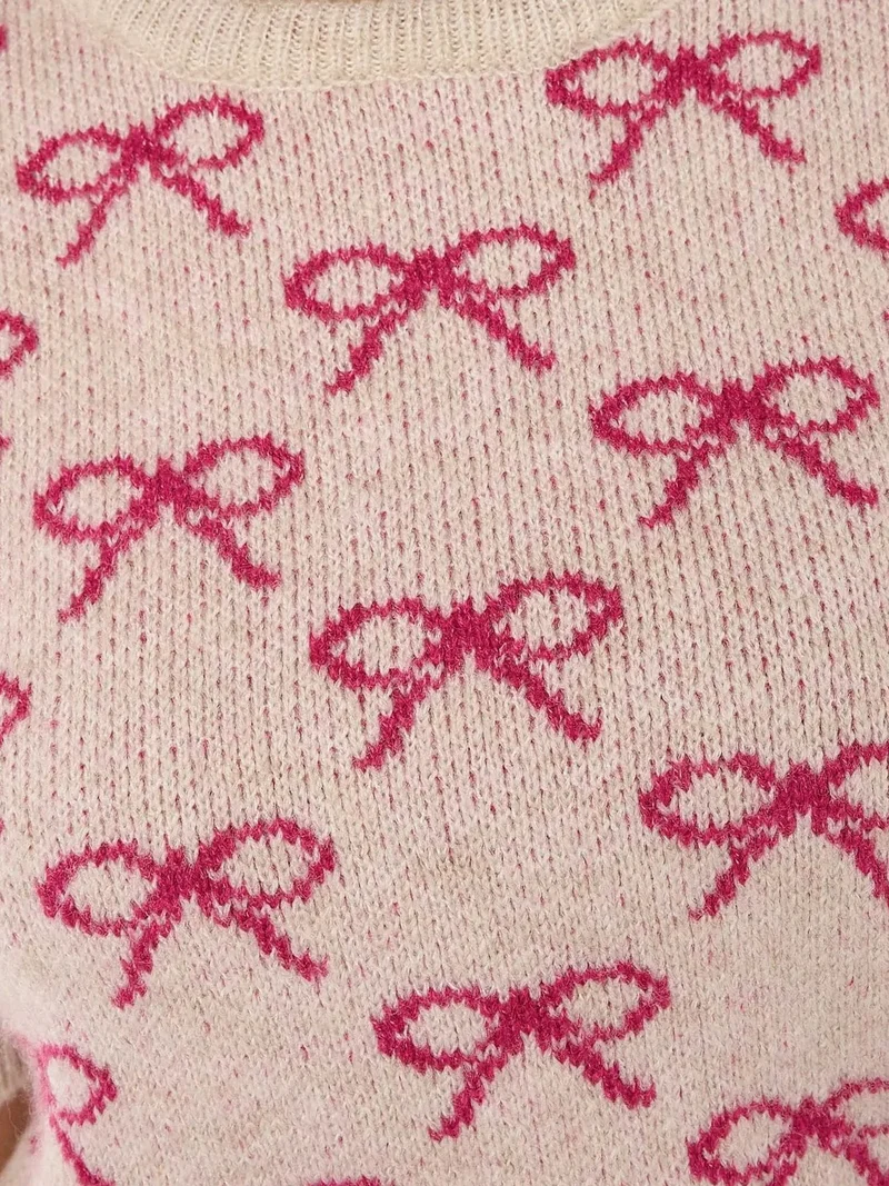 Hiccup Neon Pink Bow Patterned Short Sleeve Sweater for Women | Best Price UAE