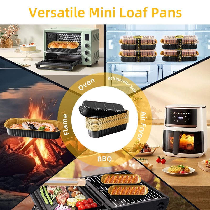Orlashop Mini Loaf Pans with Lids and Spoons Sealing Sticker,30 Pcs 6.8oz Cake Pans for Baking Disposable Aluminum Foil Red cake pan (30 PCS Black Gold) - Image 2
