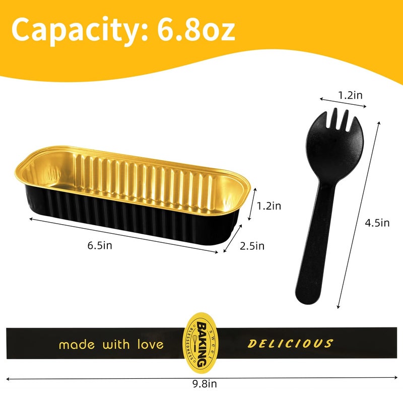 Orlashop Mini Loaf Pans with Lids and Spoons Sealing Sticker,30 Pcs 6.8oz Cake Pans for Baking Disposable Aluminum Foil Red cake pan (30 PCS Black Gold) - Image 4