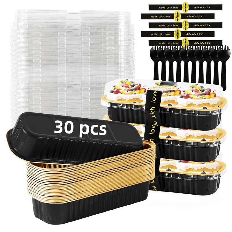 Orlashop Mini Loaf Pans with Lids and Spoons Sealing Sticker,30 Pcs 6.8oz Cake Pans for Baking Disposable Aluminum Foil Red cake pan (30 PCS Black Gold) - Image 1