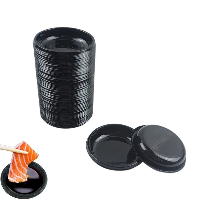 100 PCS MINI 311X311 DIPPING SAUCE DISHES PLASTIC DISPOSABLE ROUND BLACK SOY SAUCE PLATE SET CONDIMENT SERVING TRAY SEASONING PLATTER APPETIZER BOWEL FOR SUSHI MUSTARD VINEGAR SOY BBQ KETCHUP