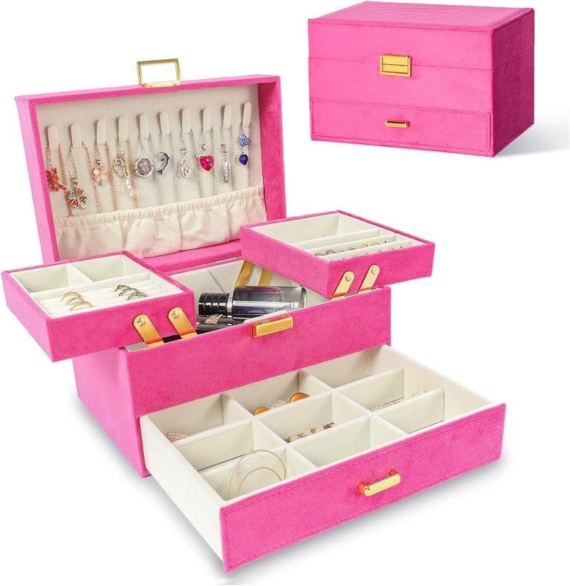 Dajasan Jewelry Storage Box, Large Jewelry Organizer Box, 3-Layer Velvet Jewelry Boxes for Women, Girls, Friends, Wife or Mother (Red) - Image 1