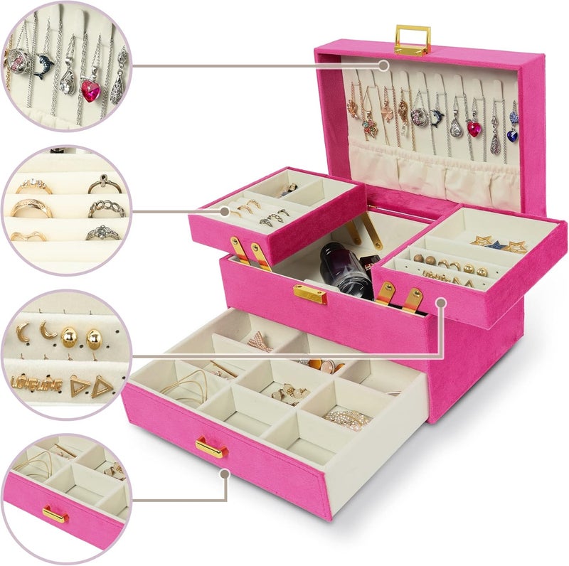 Dajasan Jewelry Storage Box, Large Jewelry Organizer Box, 3-Layer Velvet Jewelry Boxes for Women, Girls, Friends, Wife or Mother (Red) - Image 2