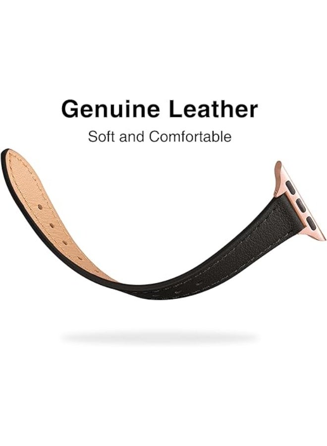 OLYSON Slim Leather Bands Compatible with Apple Watch Band 38mm 40mm 41mm, Top Grain Leather Thin Wristband for Series 11,10,9,8,7,6,5,4,3,2,1,SE3/SE2/SE1 (Black Rose Gold) - Image 2