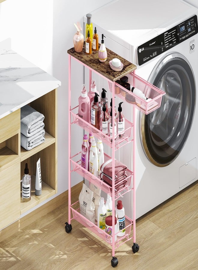 KINGRACK 4-Tier Slim Storage Cart, Metal Rolling Cart, Organizer with Wooden Tabletop and Drawer Basket, Mobile Shelving Unit for Kitchen, Bathroom, Laundry Room, Pink - Image 1