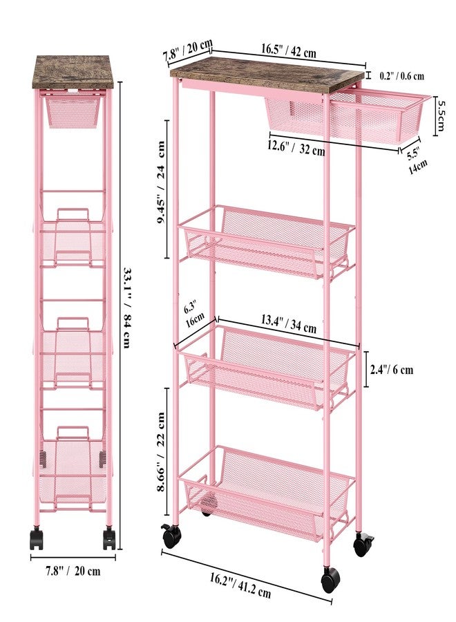 KINGRACK 4-Tier Slim Storage Cart, Metal Rolling Cart, Organizer with Wooden Tabletop and Drawer Basket, Mobile Shelving Unit for Kitchen, Bathroom, Laundry Room, Pink - Image 2