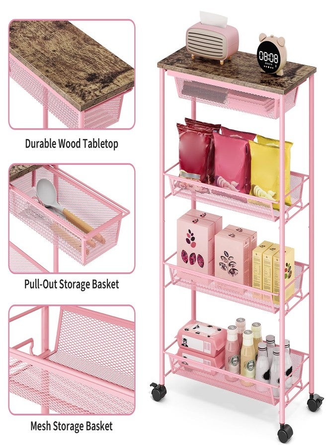 KINGRACK 4-Tier Slim Storage Cart, Metal Rolling Cart, Organizer with Wooden Tabletop and Drawer Basket, Mobile Shelving Unit for Kitchen, Bathroom, Laundry Room, Pink - Image 3