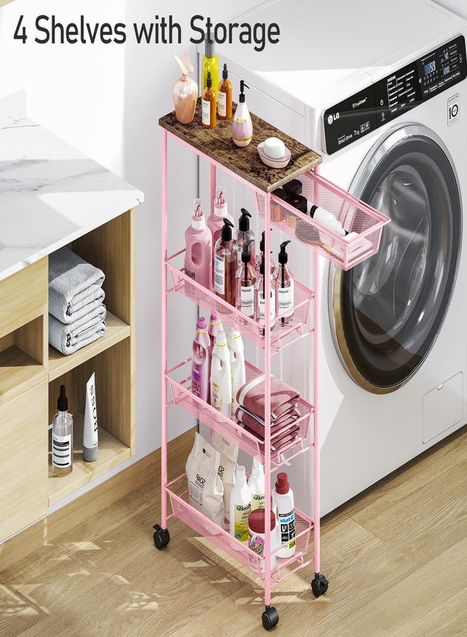 KINGRACK 4-Tier Slim Storage Cart, Metal Rolling Cart, Organizer with Wooden Tabletop and Drawer Basket, Mobile Shelving Unit for Kitchen, Bathroom, Laundry Room, Pink - Image 4