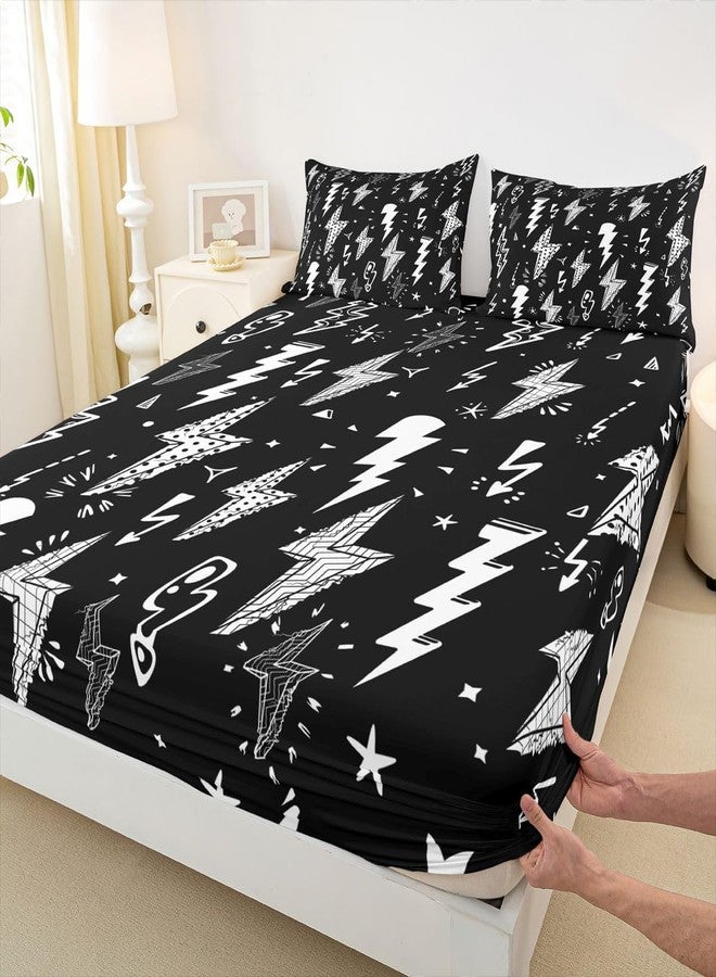 Homewish Lightning Fitted Sheet Hand Drawn Doodle Lightning Bolt Bedding Set 2pcs for Kids Boys Thunderbolts Sheet Set Microfiber Bed Sheet Set (1 Fitted Sheet + 1 Pillow Case) Twin Size - Image 1