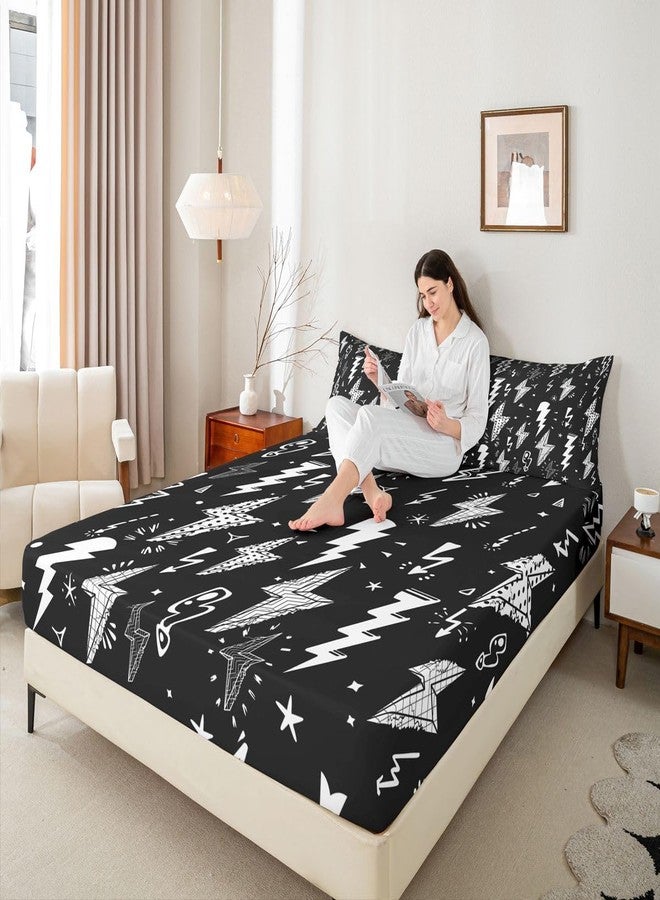 Homewish Lightning Fitted Sheet Hand Drawn Doodle Lightning Bolt Bedding Set 2pcs for Kids Boys Thunderbolts Sheet Set Microfiber Bed Sheet Set (1 Fitted Sheet + 1 Pillow Case) Twin Size - Image 2