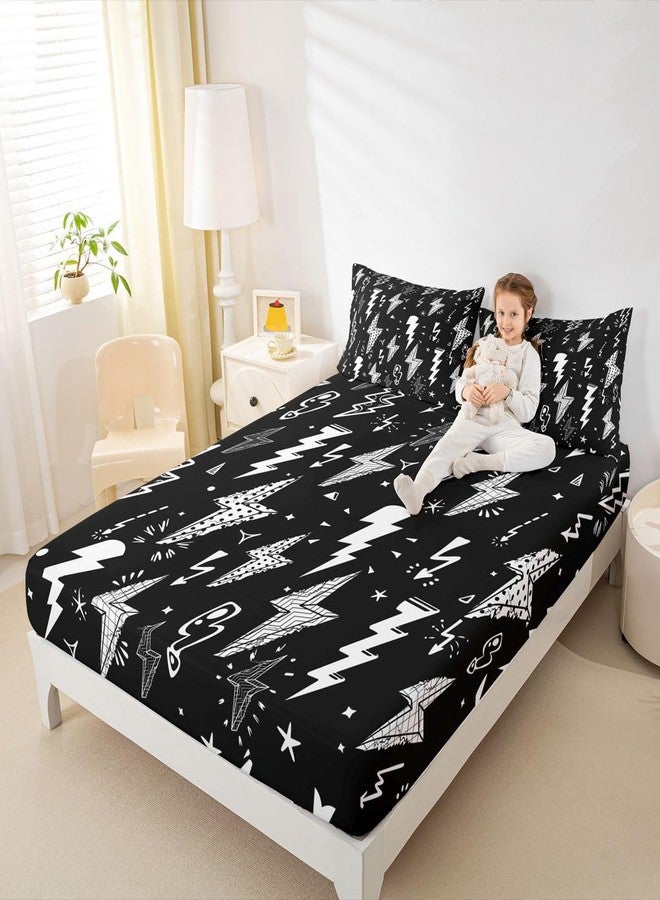 Homewish Lightning Fitted Sheet Hand Drawn Doodle Lightning Bolt Bedding Set 2pcs for Kids Boys Thunderbolts Sheet Set Microfiber Bed Sheet Set (1 Fitted Sheet + 1 Pillow Case) Twin Size - Image 3