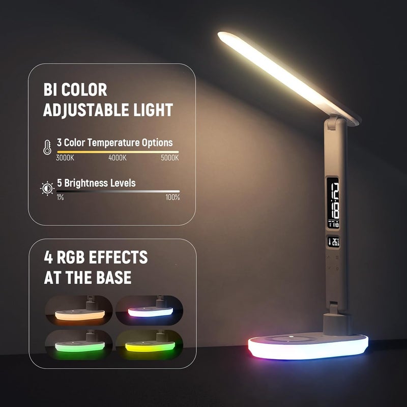 نيوير نسخة الدخول من لمصباح طاولة LED مع منفذ USB A، 3 أوضاع/5 مستويات سطوع/4 تأثيرات RGB/CRI85، شاشة LCD لدرجة الحرارة/التاريخ/الوقت/المنبه، ضوء طاولة يعتني بالعين للمكتب المنزلي/القراءة، N20 - Image 3