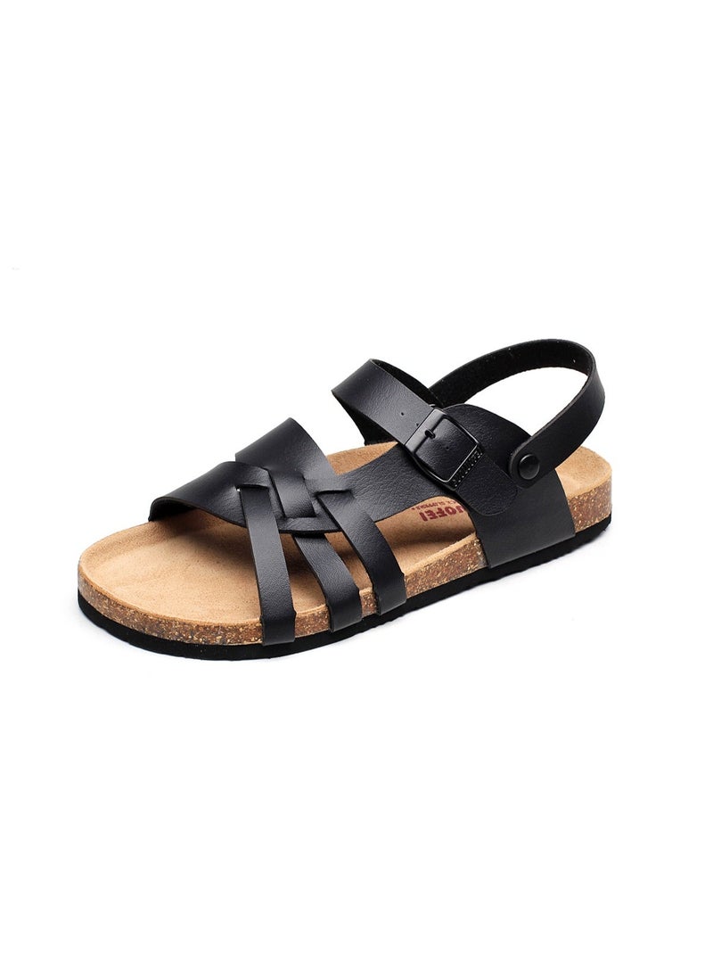 New Cross-Straps PU Leather Cork Sandals for Men, Summer Casual Roman Flat Slippers with Metal Buckle, Adjustable Strap, Lightweight & Versatile Outdoor Shoes for Summer Vacation - Image 1