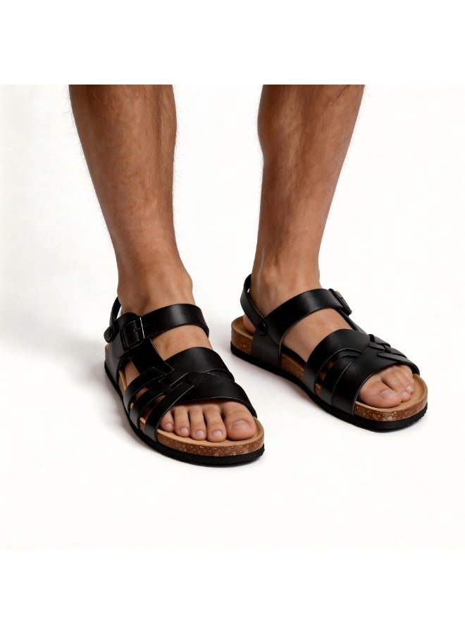 New Cross-Straps PU Leather Cork Sandals for Men, Summer Casual Roman Flat Slippers with Metal Buckle, Adjustable Strap, Lightweight & Versatile Outdoor Shoes for Summer Vacation - Image 2