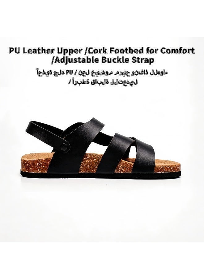 New Cross-Straps PU Leather Cork Sandals for Men, Summer Casual Roman Flat Slippers with Metal Buckle, Adjustable Strap, Lightweight & Versatile Outdoor Shoes for Summer Vacation - Image 4