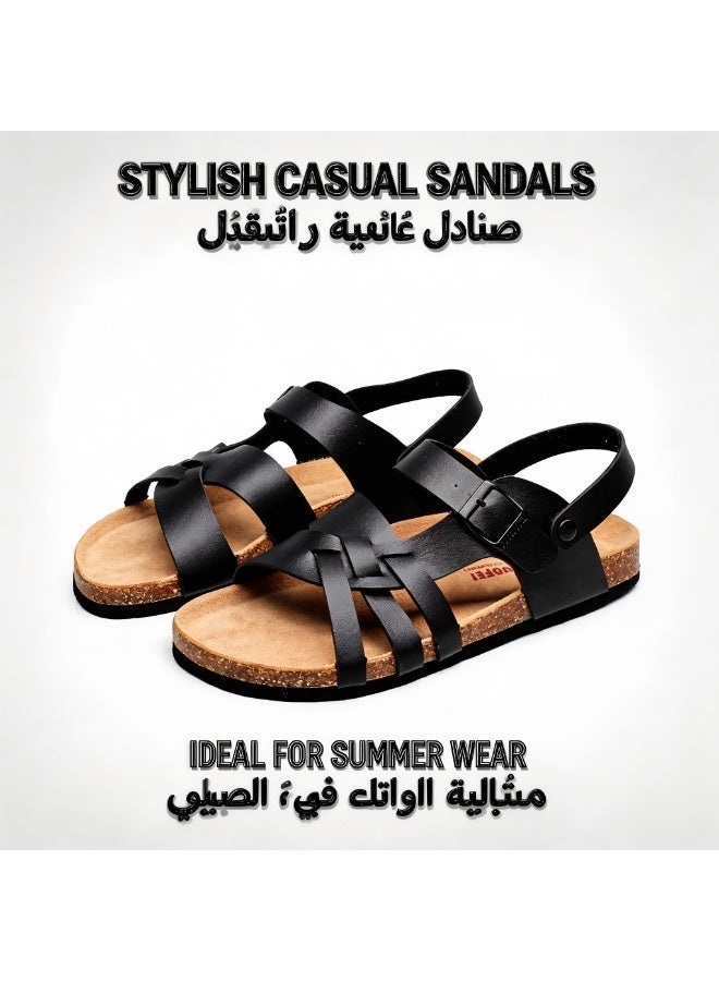 New Cross-Straps PU Leather Cork Sandals for Men, Summer Casual Roman Flat Slippers with Metal Buckle, Adjustable Strap, Lightweight & Versatile Outdoor Shoes for Summer Vacation - Image 3
