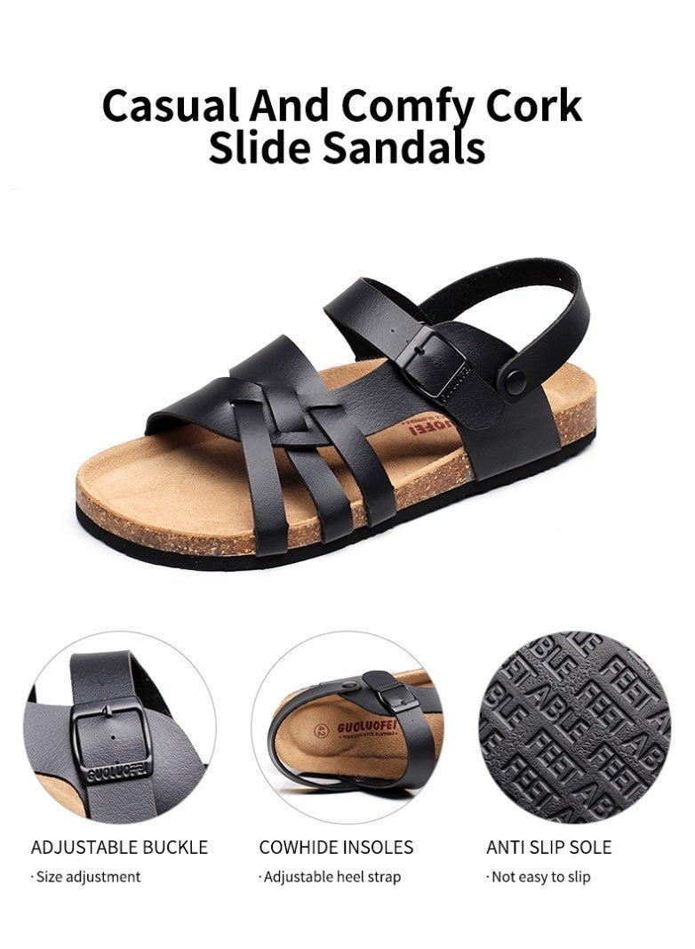New Cross-Straps PU Leather Cork Sandals for Men, Summer Casual Roman Flat Slippers with Metal Buckle, Adjustable Strap, Lightweight & Versatile Outdoor Shoes for Summer Vacation - Image 5