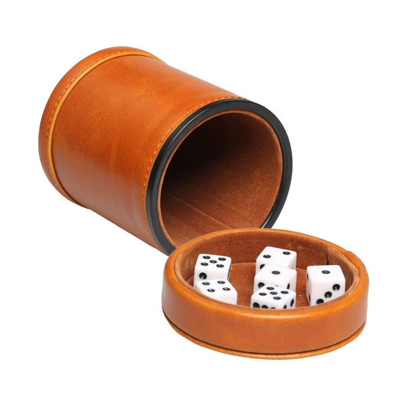 RERIVER Leatherette Dice Cup with Lid Includes 6 Dices, Velvet Interior Quiet in Shaking for Liars Dice Farkle Yahtzee Board Games, Brown - Image 1