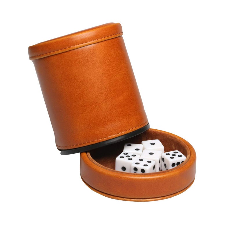 RERIVER Leatherette Dice Cup with Lid Includes 6 Dices, Velvet Interior Quiet in Shaking for Liars Dice Farkle Yahtzee Board Games, Brown - Image 2