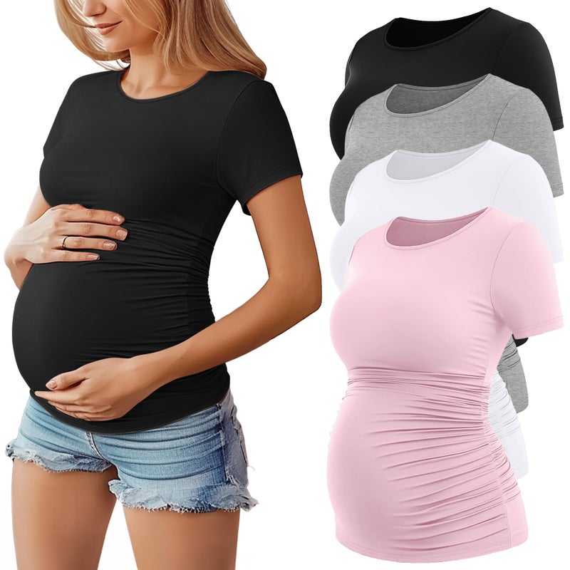 Huukeay 4 Pack Women's Maternity Shirts, Crew Neck Maternity Top Short Sleeve Casual Cotton Tee Side Ruched Pregnancy Clothes(Black, Pink, White, Light Gray,Medium) - Image 1