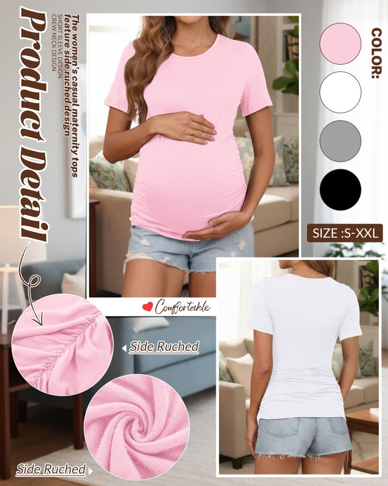 Huukeay 4 Pack Women's Maternity Shirts, Crew Neck Maternity Top Short Sleeve Casual Cotton Tee Side Ruched Pregnancy Clothes(Black, Pink, White, Light Gray,Medium) - Image 5