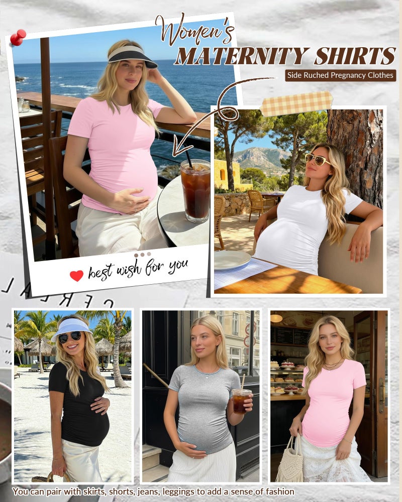 Huukeay 4 Pack Women's Maternity Shirts, Crew Neck Maternity Top Short Sleeve Casual Cotton Tee Side Ruched Pregnancy Clothes(Black, Pink, White, Light Gray,Medium) - Image 2