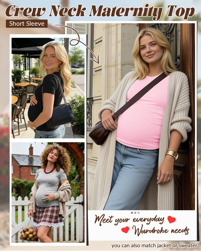 Huukeay 4 Pack Women's Maternity Shirts, Crew Neck Maternity Top Short Sleeve Casual Cotton Tee Side Ruched Pregnancy Clothes(Black, Pink, White, Light Gray,Medium) - Image 3