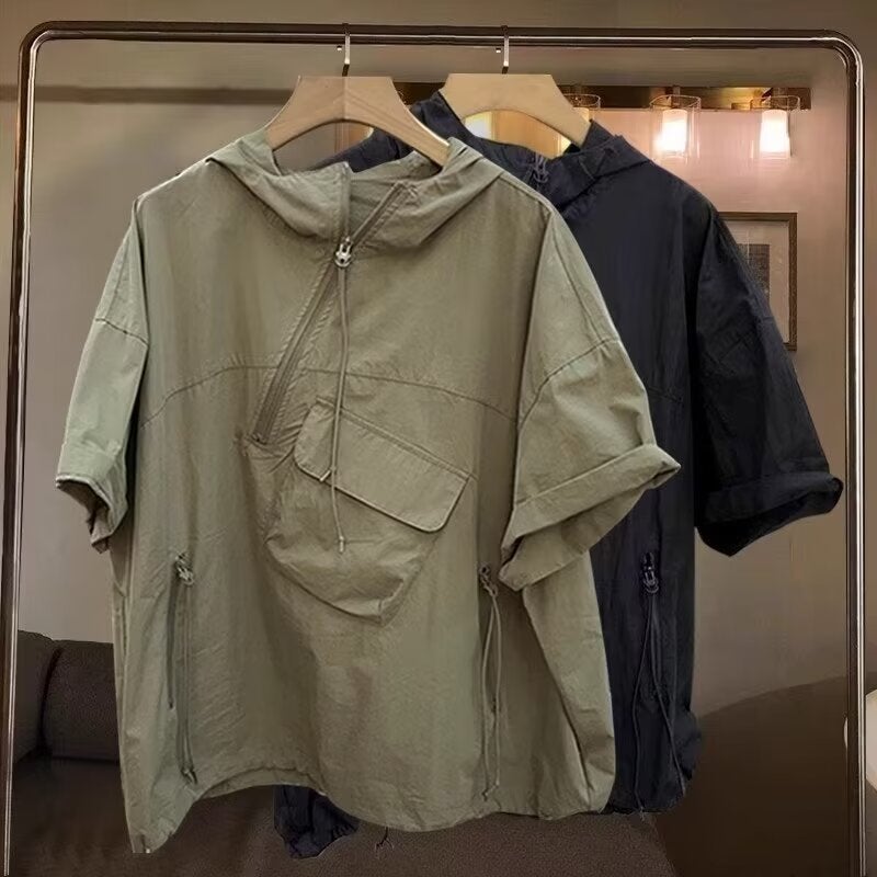 Solid Color Zip Hoodie Mens Short Sleeve Summer Tee Black - Image 4