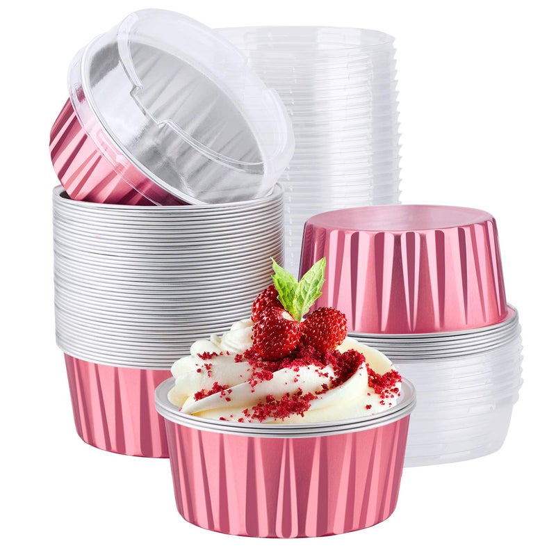 EUSOAR Foil Cupcake Liners 50pcs 5oz 125ml Ramekins Aluminum Foil Muffin Liners Cups with Lids Cupcake Holder Disposable Aluminum Foil Cupcake Baking Cups Holders Cases Boxes Pans with Lids
