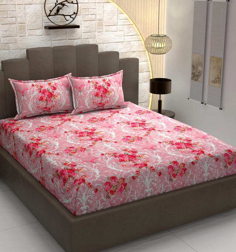 DECOREZA 320 TC Cotton Feel Elastic Fitted King Size Bedsheet 72x78 +10 Inch with 2 Pillow Covers | Glace Cotton | Wrinkle-Free | Bedsheet for Double Bed - (Scarlet Bloom, King Size 72" x 78") - Image 1